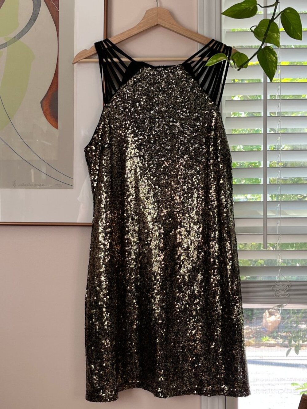 Gold Sequin Cage Strap Shift Mini Dress